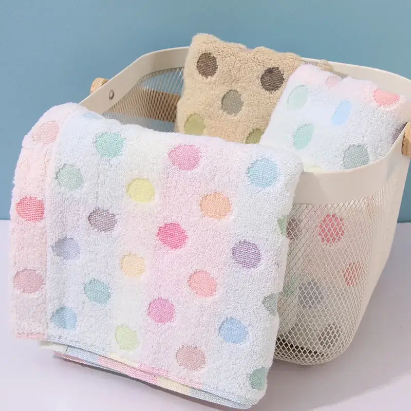 Pastel polka-dot dot face towel set in pink and beige cotton with soft plush texture for bathroom decorbites dot face use
