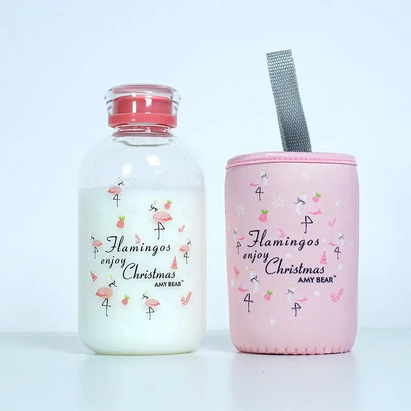 Pink flamingo-themed insulated water bottle sleeve with silver mesh strap for decorbites blue glass water bottle