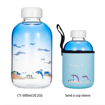 Cute polar bear and seal blue glass water bottle with dolphin beach illustration and white screw-on cap by decorbites blue glass