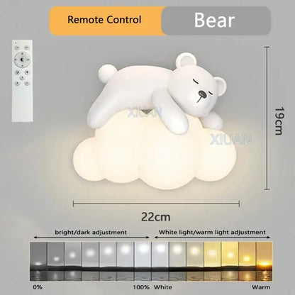 Cute polar bear white wall lamp with cloud base featuring adjustable bright dark and white warm light settings for kids bedroom decor
