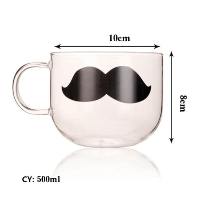 Clear glass coffee mug with black mustache design heat resistant for tea and coffee use in the kitchen
