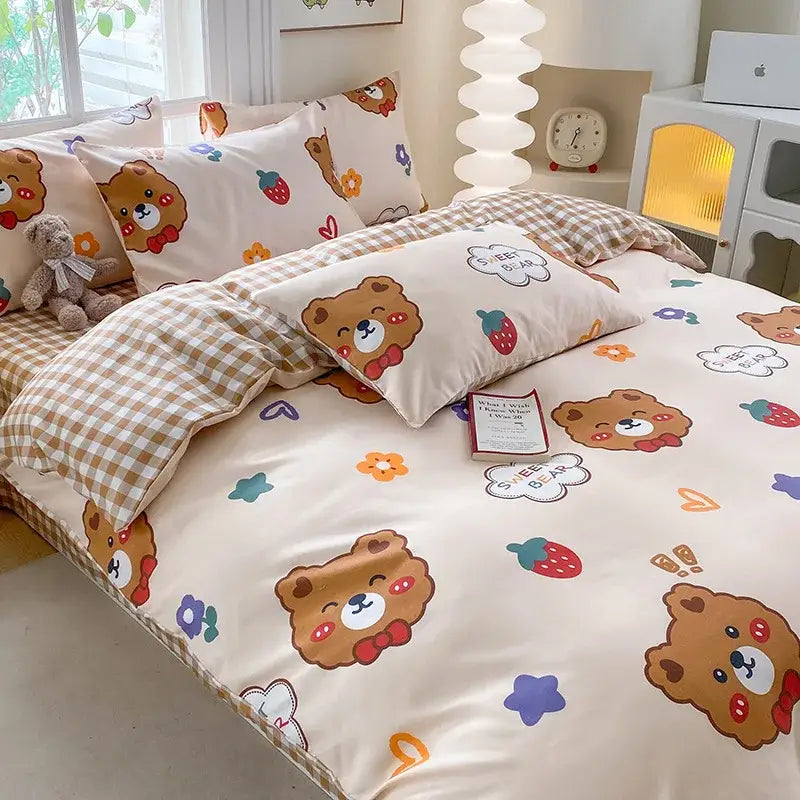 Cream-colored duvet cover from decorbites cute printed cotton set featuring brown bears strawberries and flowers pattern