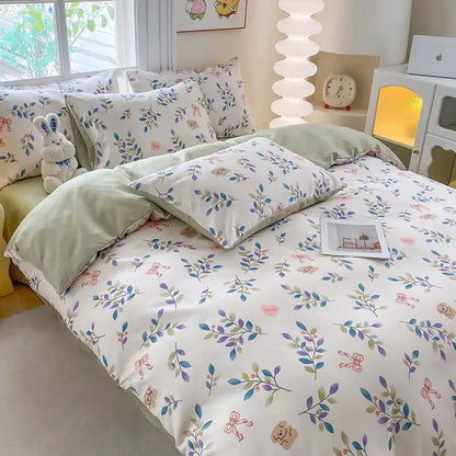 Pastel green and white floral decorbites cute printed cotton duvet cover with soft embroidered details for bedroom decor
