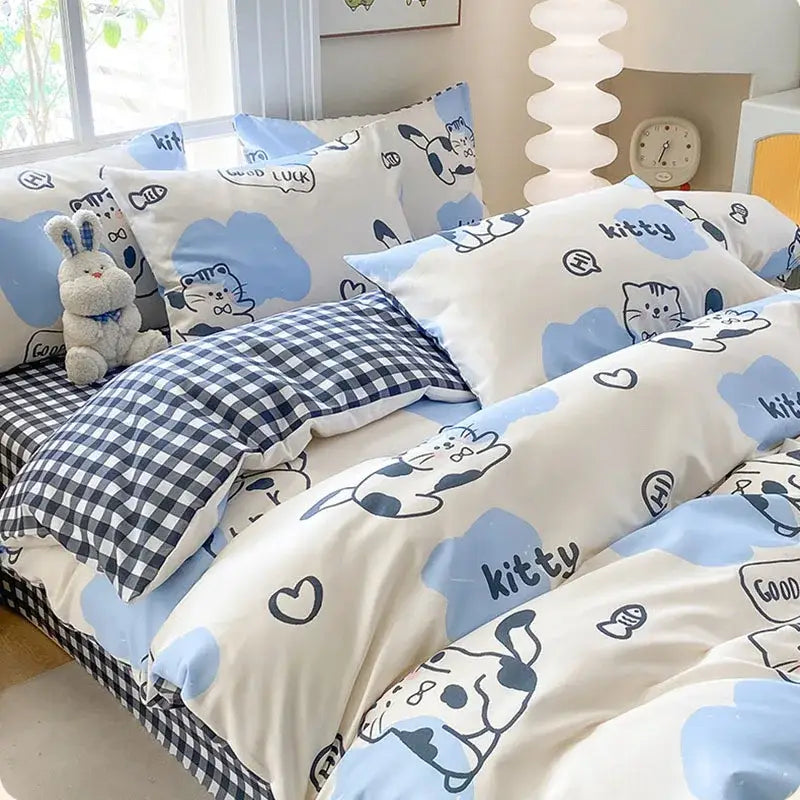 Cute printed cotton duvet cover in cream and navy with kawaii blue and white cartoon animal decorbites cute printed set