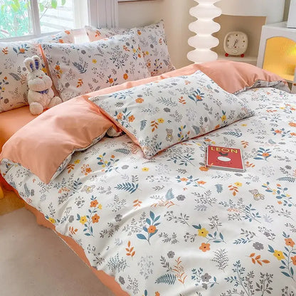Cute printed cotton duvet cover with a soft floral pattern in cream and pastel orange for decorbites cute printed bedding set