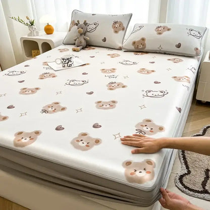 White mattress set with cooling ice silk fabric featuring cute beige teddy bear and heart pattern for decorbites cooling ice