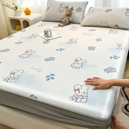 White mattress set with cooling ice silk fabric featuring cartoon bunnies pink bows blue flowers and lovely script for decorbites cooling ice