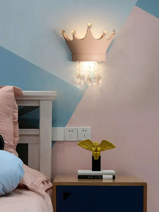 Pink crown wall sconce with dangling crystal droplets from decorbites cute resin crystal bedroom light decor