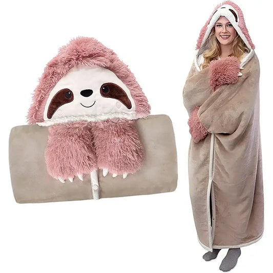 Cozy beige and pink plush sloth-themed lap blanket with flannel material, fluffy hood, and embroidered cute leopard decorbites details