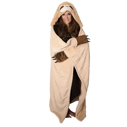 Cozy beige and brown decorbites cute sloth flannel shawl blanket with hood made of soft plush material for bedroom warmth
