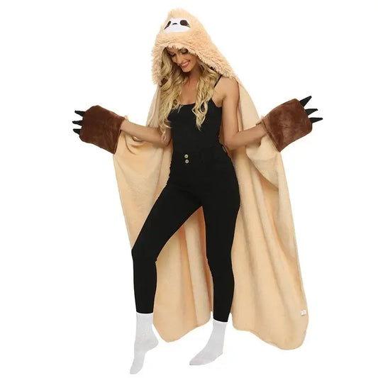 Plush tan cute sloth flannel shawl blanket hooded cape with brown claw gloves for bedroom warmth by decorbites cute sloth