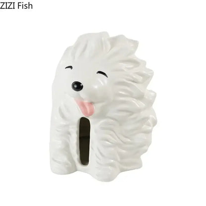 White ceramic fluffy cartoon puppy tissue box with smiling dog design for bedroom decor by decorbites cartoon puppy