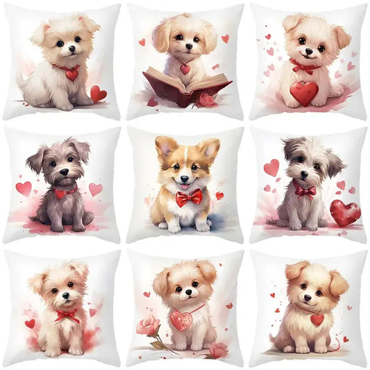 Cute white and cream dog print cushion cover with red heart accents for bedroom decorbites cute pet decor