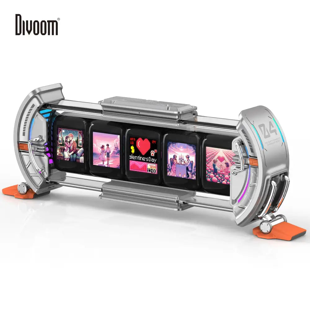 Silver and orange futuristic phone holder with five illuminated valentine’s day screens cyberpunk pixel art clock decorbites
