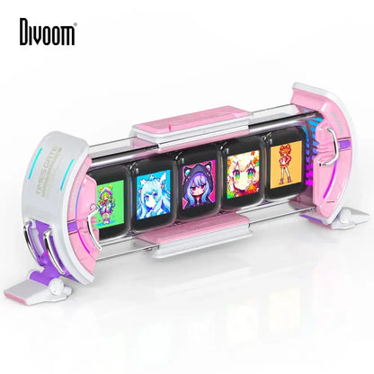 Pink and white divoom times rite multi-screen pixel art clock with cyberpunk pixel art display for bedroom decorbites decor