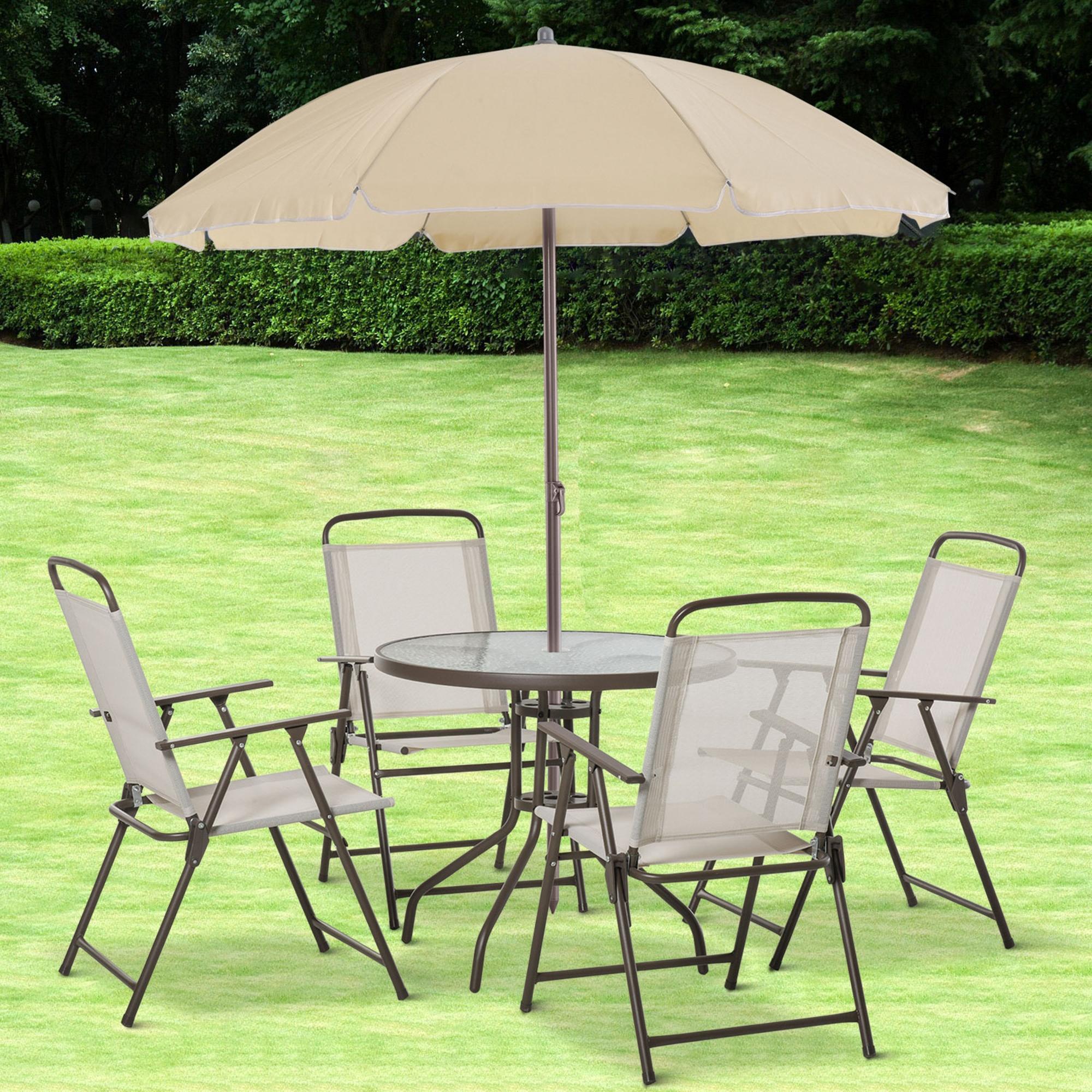 6-teiliges Terrassen-Essenservice mit Sonnenschirm, Klappstühlen und Glastisch, Beige – Aufbau für Mahlzeiten im Freien