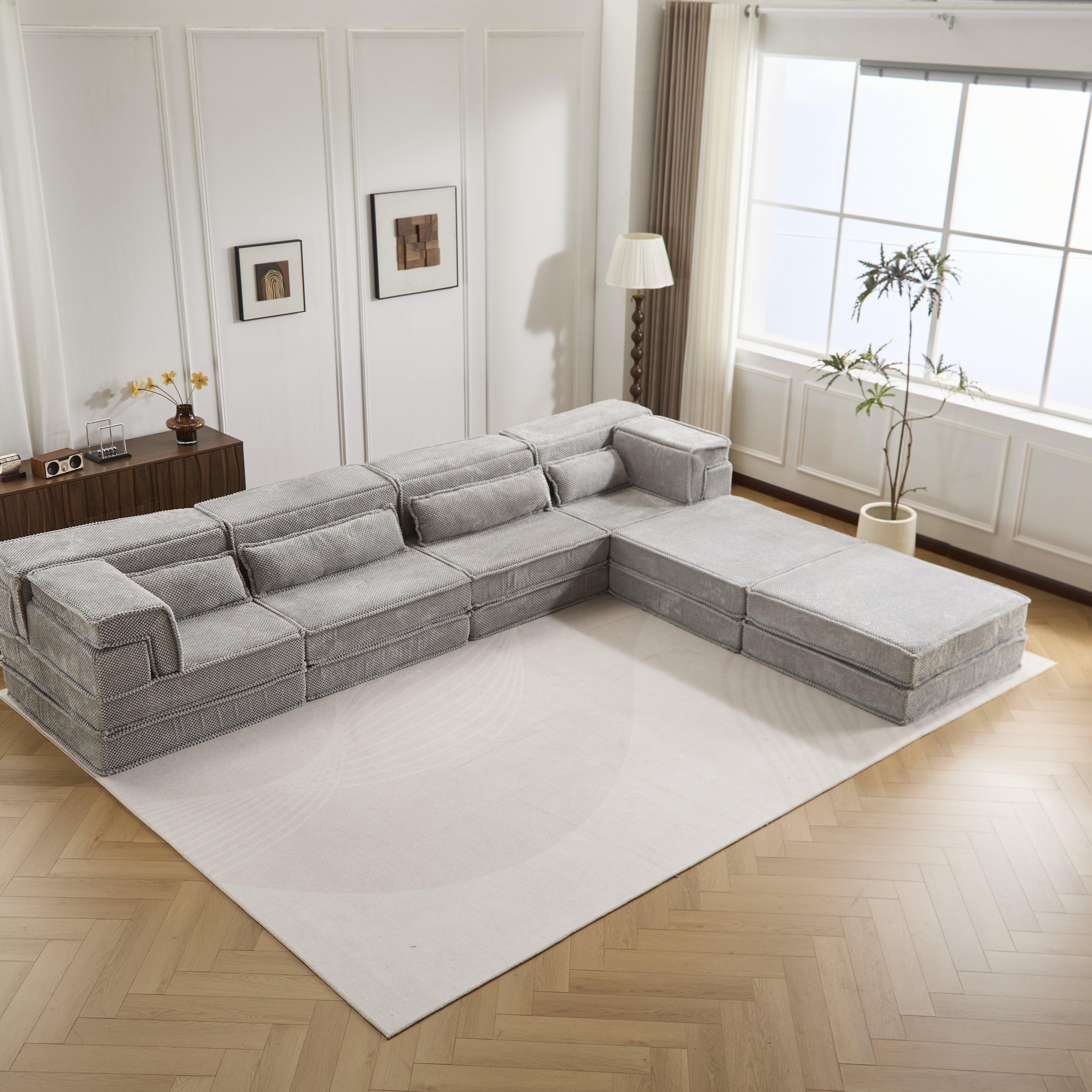 Kompressions-Mahjong-Sofa, umklappbares Boden-Sofabett, DIY knochenloses modulares Sektionssofa, keine Montage erforderlich, Kreis-Fleece-Stoff, überdimensioniertes 4-Sitzer-Sofa mit 2 Poufs, Hellgrau
