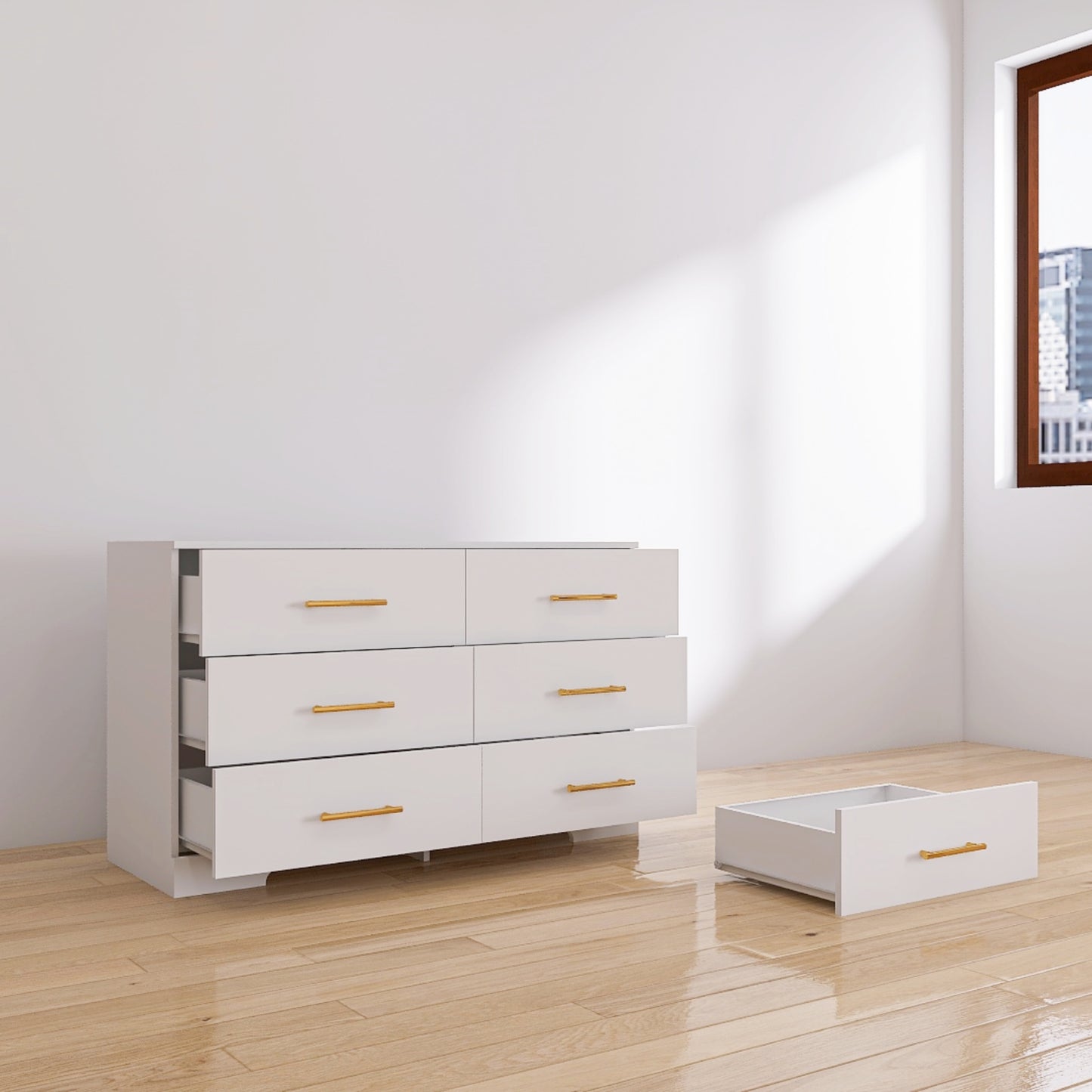 Weiße große Kommode mit 6 Schubladen und goldenem Griff