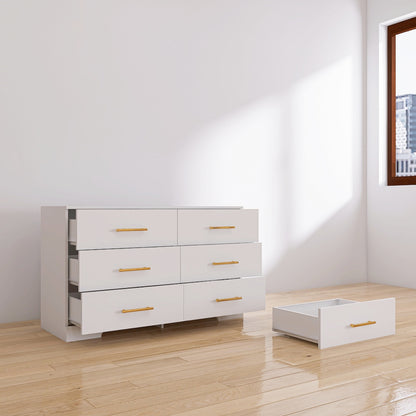 Weiße große Kommode mit 6 Schubladen und goldenem Griff