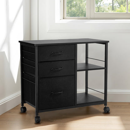 Mobiles Metallbüro-Sideboard mit 3 Stoffschubladen und 2 offenen Regalböden, schwarz
