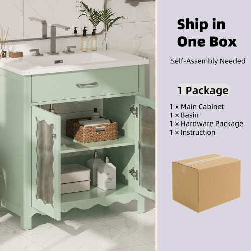31-Zoll-Badwaschtisch mit gehärtetem Glas, moderner Badezimmerschrank mit Beinen aus Gummibaumholz und Schiebetüren mit Weichschließfunktion, Grün