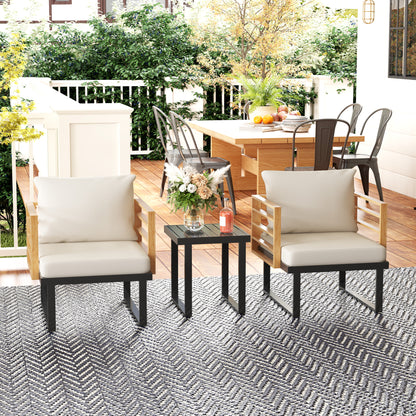 3-teiliges Metall-Bistro-Set, kleines Patio-Möbelset mit Polstern, Sessel, Lamellentisch für Hinterhof-Balkon, Beige