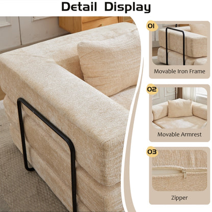 Kompressions-Sofa, Umwandelbares Boden-Sofa-Bett mit feststehendem Rahmen, Knochenloses modulares Sektionssofa, Keine Montage erforderlich, Chenille-Stoff, für Wohnzimmer und Schlafzimmer, Beige