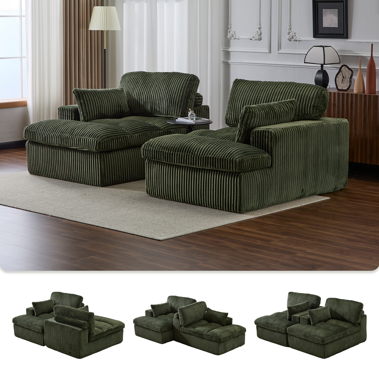 Green Corduroy Chaise Lounge Expansive Seating