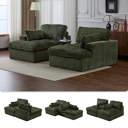 Doppelte Chaise-Lounge-Stuhl für Innenräume, Überdimensionierte Bezogene Schlafcouch Cloud-Sofa, Tief Sitzender Luxus-Sofabett, Sektionelles Sofa mit Chaise-Lounge und Loveseat, Corduroy-Lesestuhl für das Wohnzimmer, Keine Montage erforderlich, Grün