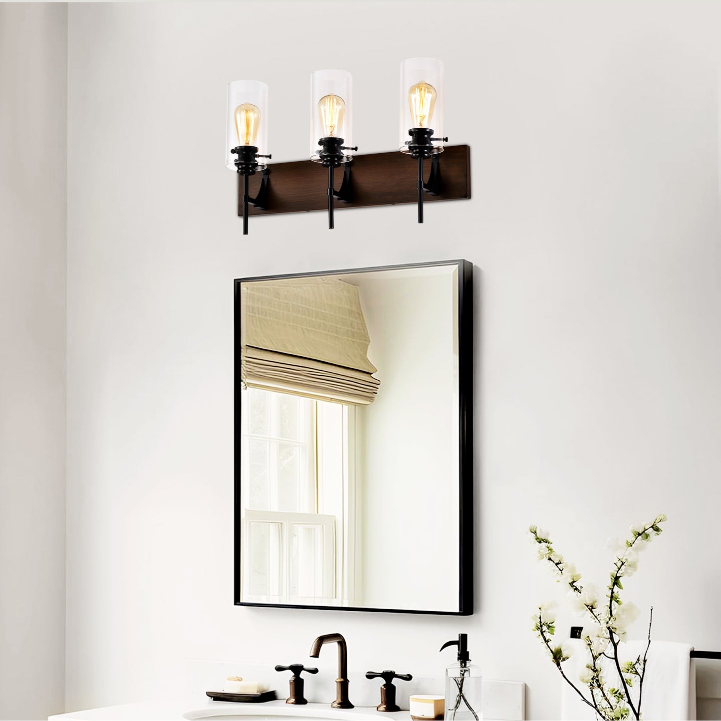 3-Lichtiges mattschwarzes Holzfarbenes Badezimmerleuchten-Set, moderne Waschtischleuchten mit Glasschirm, vintage Badezimmerleuchte über dem Spiegel Wandlichter für Küche, Esszimmer, Schlafzimmer, Flur