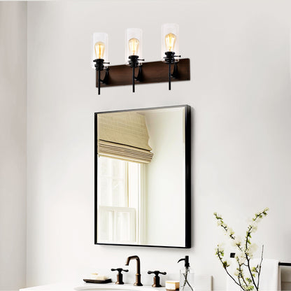 3-Lichtiges mattschwarzes Holzfarbenes Badezimmerleuchten-Set, moderne Waschtischleuchten mit Glasschirm, vintage Badezimmerleuchte über dem Spiegel Wandlichter für Küche, Esszimmer, Schlafzimmer, Flur