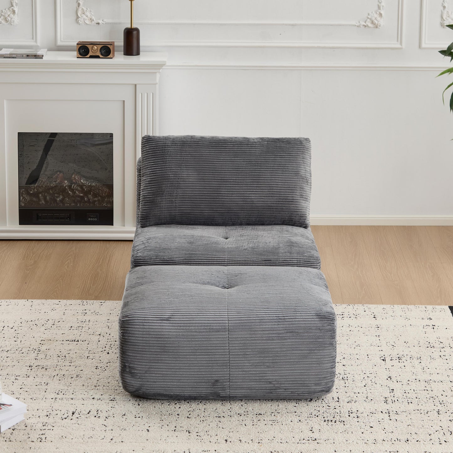 Modern Memory Foam Compressed Sofa,Single Chaise Longue For Living Room,Pet-Friendly Cloud Modular Sectional Sofa,Corduroy Fabric,Movable Ottoman,No Assembly Required,Grey