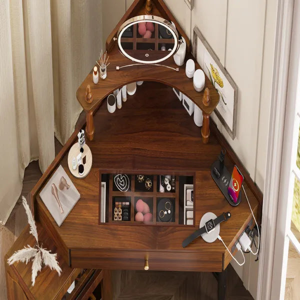 Eckiger Schminktisch-Set mit Stauraum, gepolstertem Hocker und Ladestation, dreieckiger Schminktisch mit herausziehbarem seitlichen Schrank, Glasplatten-Schminktisch mit Schublade und Regal, Walnuss