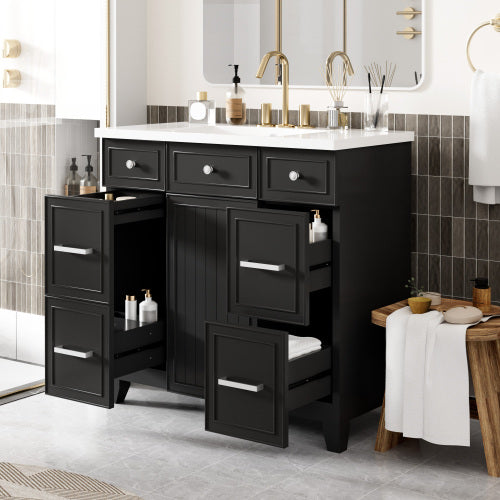 36 Zoll Badezimmerschrank mit Waschbecken-Kombinationsset, Schwarz, Einzelsenkbecken, Shaker-Schrank mit weich schließender Tür und 3 Schubladen