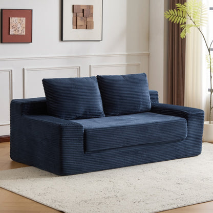 Zweisitzer-Sofa, Bequemes Sofa-Bett mit tiefer Sitzfläche, Modernes kleines Cord-Sofa für Wohnzimmer und Schlafzimmer, Umkehrbares Kissen mit Kissen, Keine Montage erforderlich, Dunkelblau
