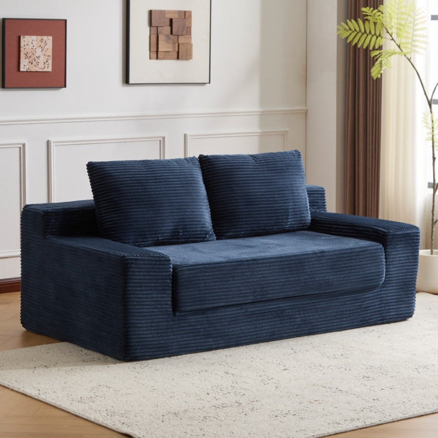 Zweisitzer-Sofa, Bequemes Sofa-Bett mit tiefer Sitzfläche, Modernes kleines Cord-Sofa für Wohnzimmer und Schlafzimmer, Umkehrbares Kissen mit Kissen, Keine Montage erforderlich, Dunkelblau