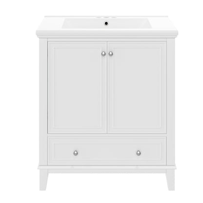 30-Zoll-Badwaschtisch mit Waschbecken-Kombination, Multifunktionaler Badezimmerschrank mit Türen und Schublade, Solider Rahmen und MDF-Platte, Weiß