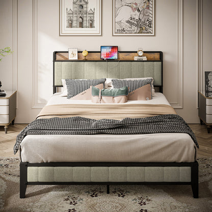 Bettgestell in Queensize mit Lade-Station, gepolstertem Kopfteil, Metallplattform, Grau