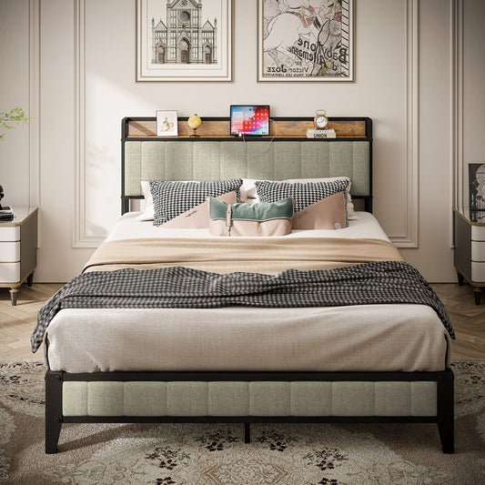 Bettgestell in Queensize mit Lade-Station, gepolstertem Kopfteil, Metallplattform, Grau