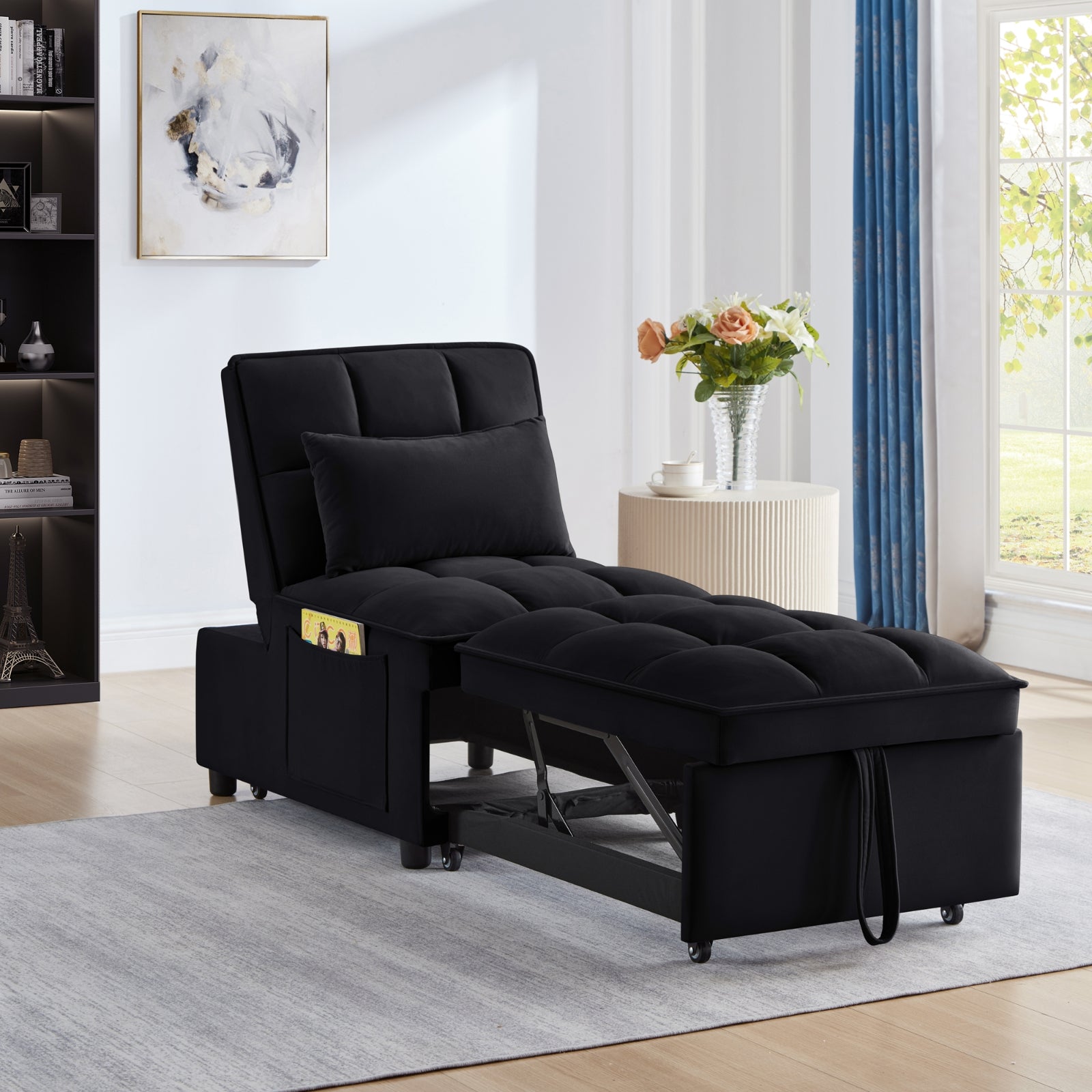 4-in-1 Multifunktions-Einzelsofa-Bett mit Stauraumtaschen, Gepolstertes Einzel-Auszug-Sofa-Bett mit verstellbarer