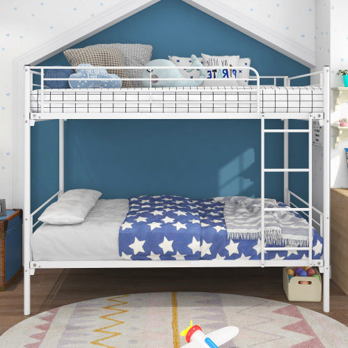 Etagenbett Doppelstock mit Metallrahmen und Leiter, platzsparendes Design, weiß
