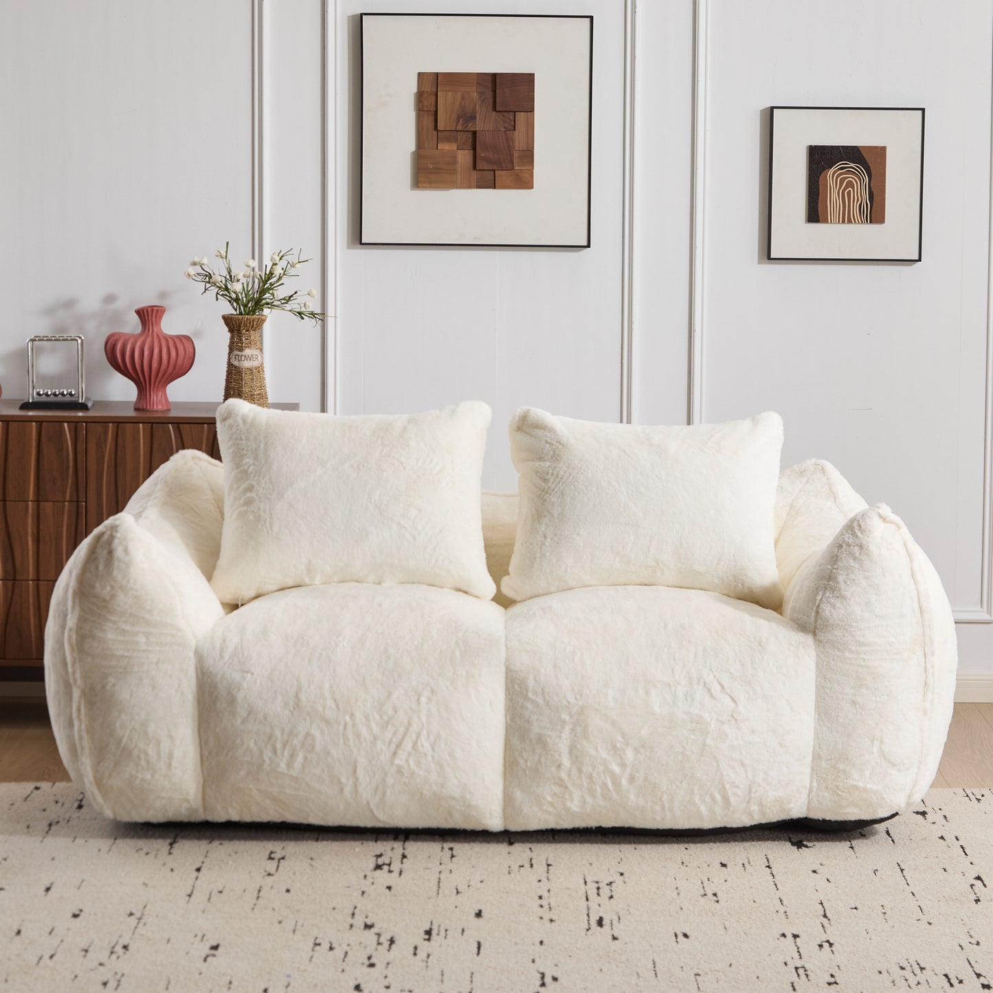 Riesiges Sitzsacksofa für Erwachsene, ultra weiches flauschiges Zweiersofa aus Sitzsäcken, überdimensionierter Chaiselongue-Stuhl für Innenräume im Wohnzimmer und Schlafzimmer, keine Montage erforderlich, gemütlicher Lesesessel mit Kissen, weiß