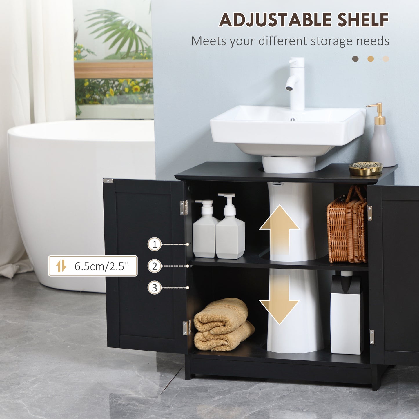 Unterwaschbecken-Badregal, Sockel-Waschbecken-Schrank mit 2 Türen, Regal und U-Form, Schwarz