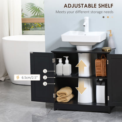 Unterwaschbecken-Badregal, Sockel-Waschbecken-Schrank mit 2 Türen, Regal und U-Form, Schwarz