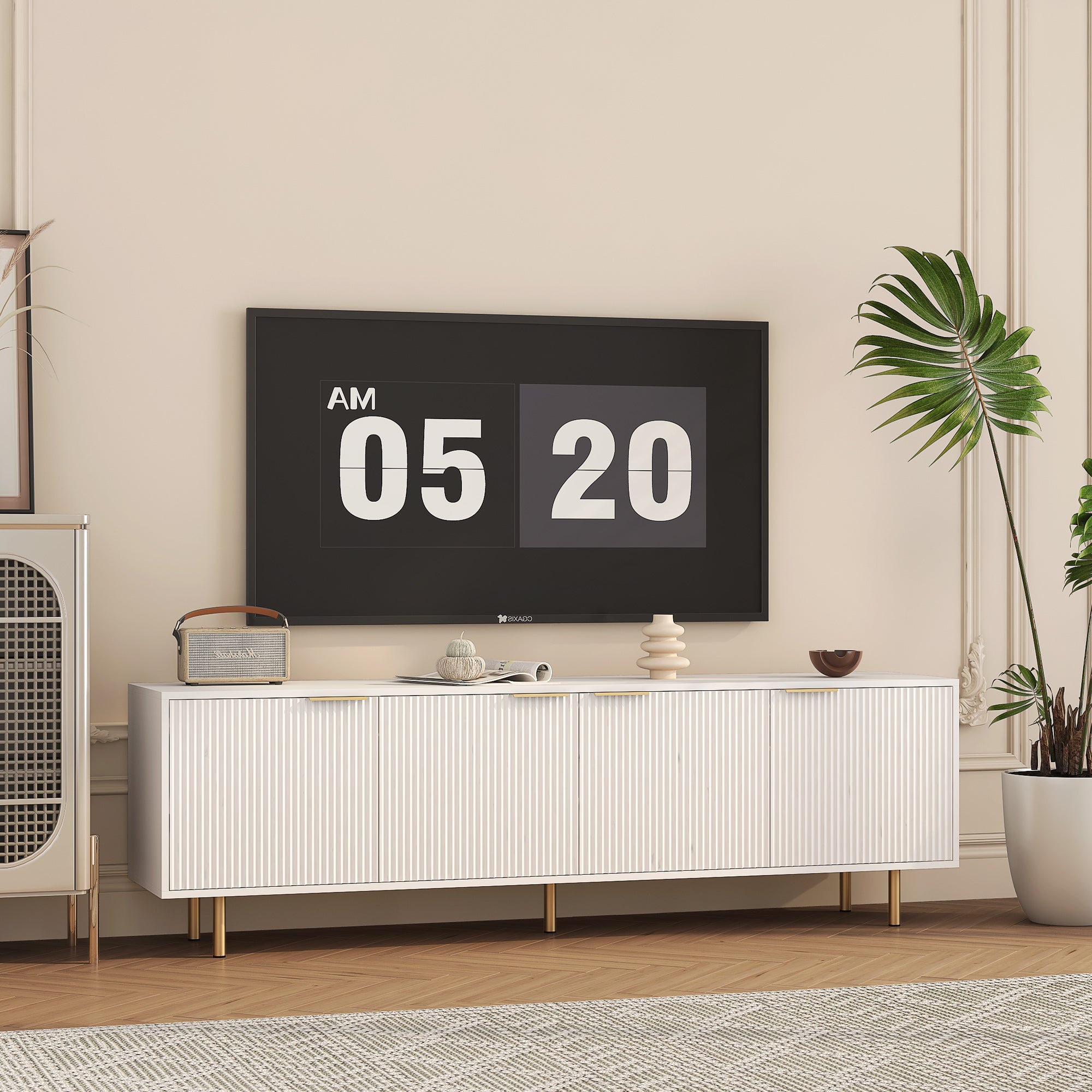 Weißes modernes TV-Ständer Fluted T, Entertainment-Center mit Stauraumtüren, TV-Konsole Medienschrank, für 55-Zoll-TV, Wohnzimmer