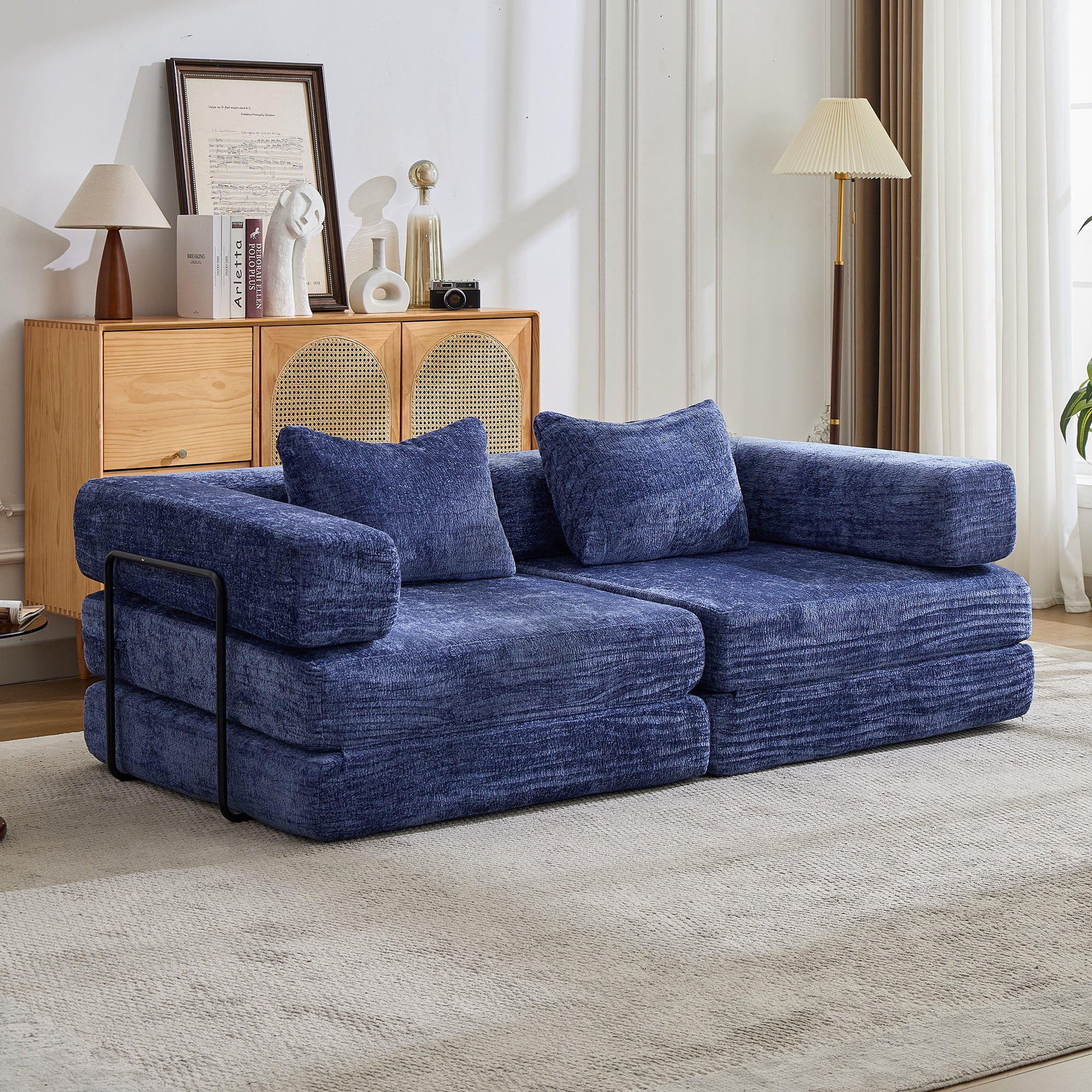 Kompressions-Sofa, umklappbares Boden-Sofa-Bett mit feststehendem Rahmen, Sessel knochenloses modulares Sektionssofa, keine Montage erforderlich, Chenille-Stoff, für Wohnzimmer und Schlafzimmer, Dunkelblau