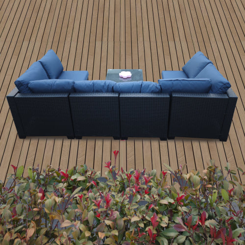 Siebenteiliges Sofaset mit Tisch und Sessel, Schwarz, PE-Rattan, Außenmöbel 7-JH001, Karton 3-1-2-3 mit blauen Sitzkissen