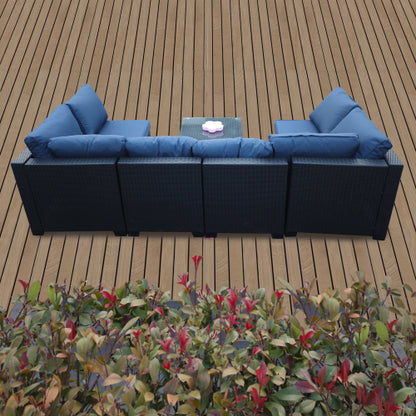 Siebenteiliges Sofaset mit Tisch und Sessel, Schwarz, PE-Rattan, Außenmöbel 7-JH001, Karton 3-1-2-3 mit blauen Sitzkissen