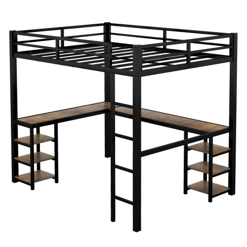 Vollständiges XL Metall-Hochbett mit Schreibtisch und Regalen, Hochbett mit Leiter und Geländern, Hochbett-Rahmen für das Schlafzimmer, Schwarz