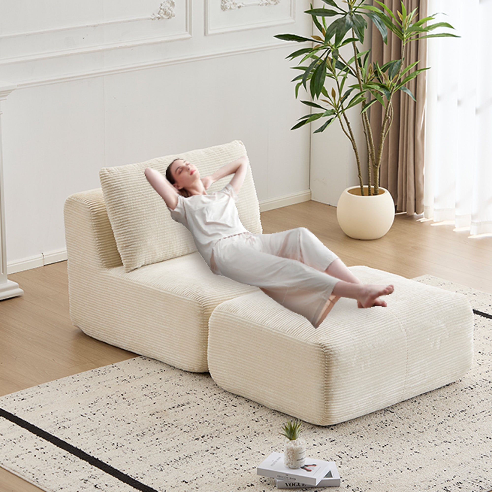 Beige Corduroy Chaise Sofa